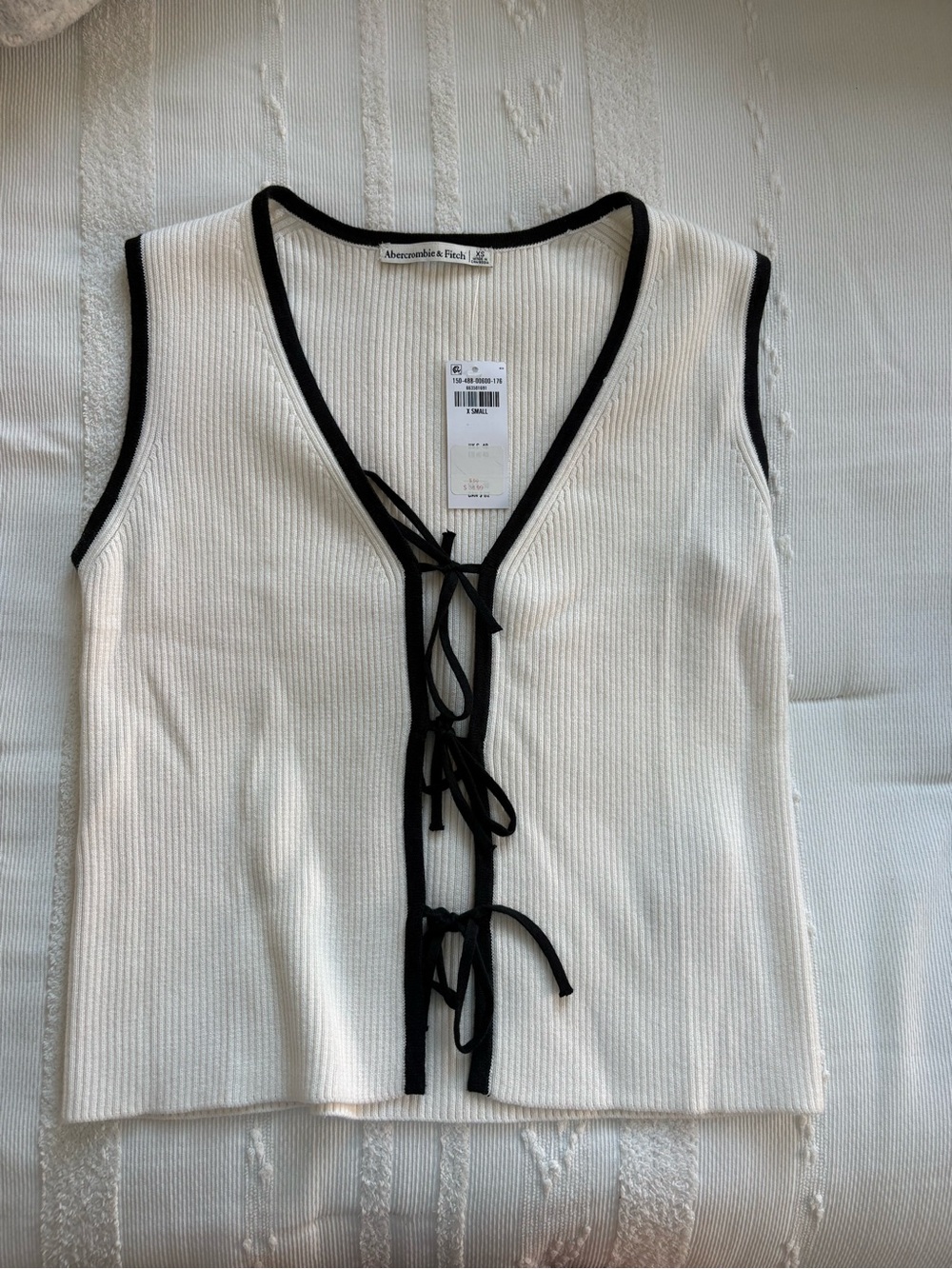 NEW Abercrombie & Fitch Cream Ribbed Tank with Black Trim & Front Ties